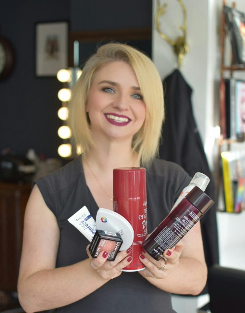 Kiehls Iris Extract Activating essence treatment,Nyx Baked Blush in Foreplay,Blotterazzi by Beauty Blender, Sally Hansen 7-1, Nails Inc Superfood, Rimmel Fix&Proctect Primer, Bumble and bumble Invisible Oil Hair Mask and Finishing Spray, De Mert Nail Enamel Dryer