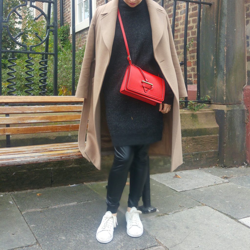 Jaeger wool wrap coat, Topshop Leatherette Leggings,Zara Jumper Dress,Camemila Roma Bag,Adidas Stan Smiths