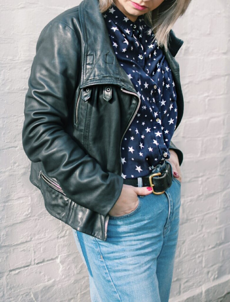 All Saints Bales Leather Jacket, Topshop MOM highwaisted Jeans and Zara Star Shirt