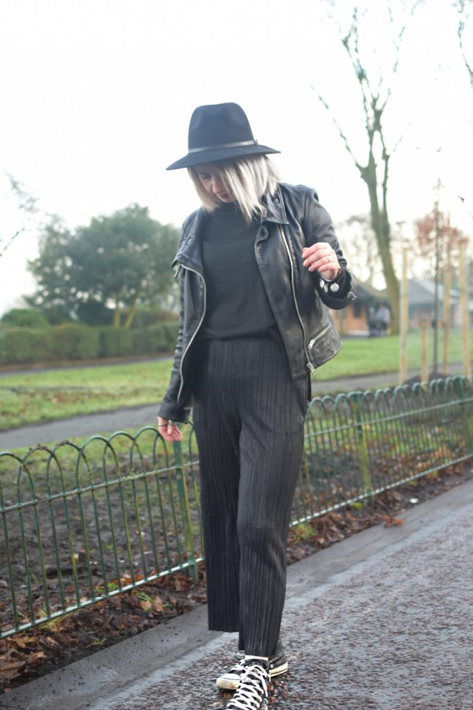 Topshop Matte Plisse Trousers, Converse Hi Tops,All Saints Bales Leather Jacket and JDY Black Polarneck.