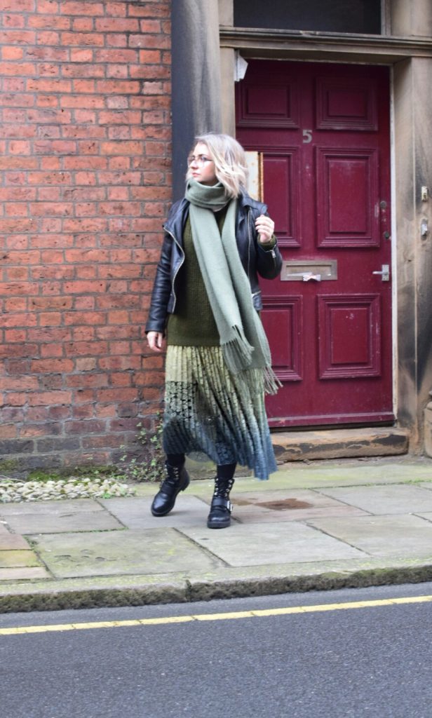 Zara Tie dye accordion lace skirt, Topshop Khaki Jumper, All Saints Bales Leather Jacket and New Look Biker Boots.